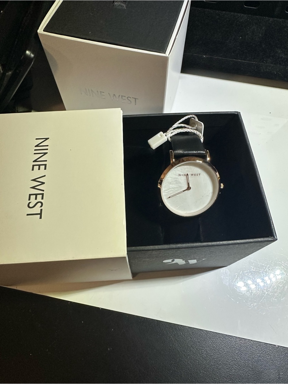 Nine West Black Leather Strap Watch with Rose Gold-Tone Case and White Dial